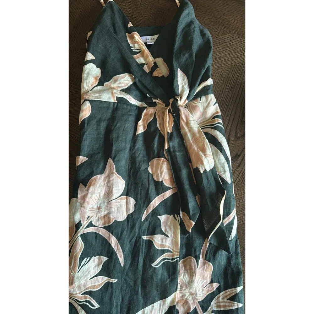 Reiss Alice Fitted Green Floral Linen Chain Strap Midi Dress Size 4 Wrap New - Picture 14 of 16